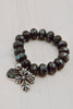 Statement Bold Larvikite Black Charm Bracelet with Huge Silver Cross, Druzy and Crystal