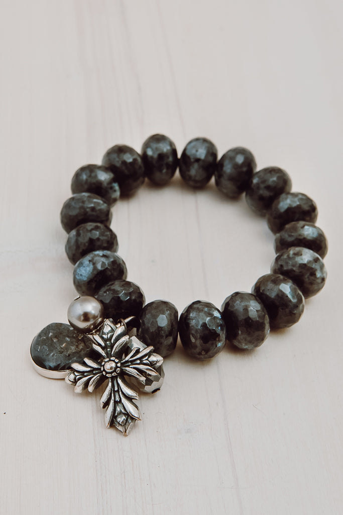 Statement Bold Larvikite Black Charm Bracelet with Huge Silver Cross, Druzy and Crystal