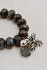 Statement Bold Larvikite Black Charm Bracelet with Huge Silver Cross, Druzy and Crystal