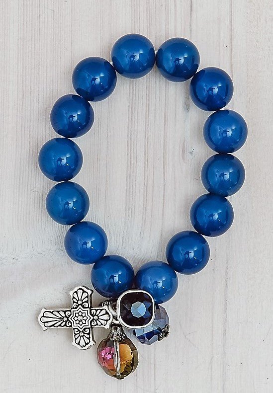 Statement Electric Blue Milky Jade Stretch Charm Bracelet with Cross and Crystals