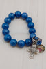 Statement Electric Blue Milky Jade Stretch Charm Bracelet with Cross and Crystals