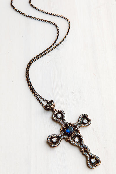 Scallop Shaped Turkish Sterling Silver Pectoral Cross with White Topaz and Blue Quartz on Two Tone Metal Chain