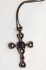 Scallop Shaped Turkish Sterling Silver Pectoral Cross with White Topaz and Blue Quartz on Two Tone Metal Chain