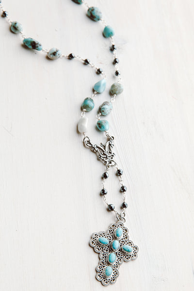 Blue Larimar, Sterling Silver and Hemitite Cross Y Necklace