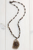 Ornate Hand Embellished Agate Cross Pendant on Gray Moonstone and Ornate Beaded Necklace