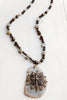 Ornate Hand Embellished Agate Cross Pendant on Gray Moonstone and Ornate Beaded Necklace