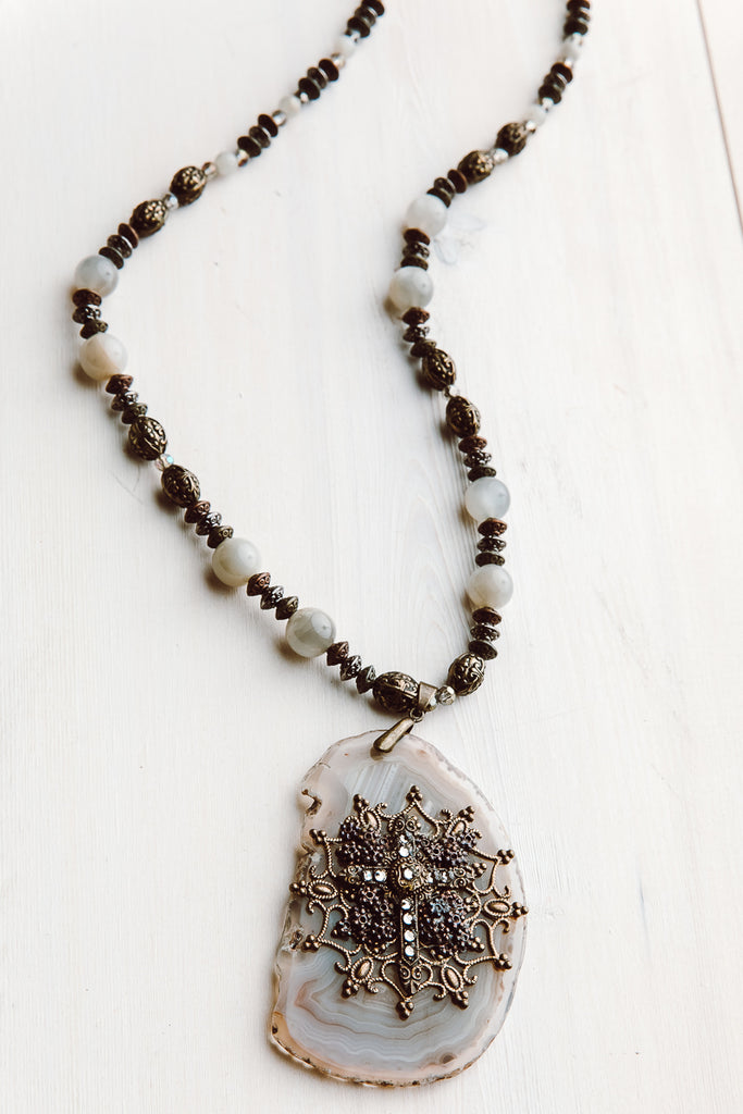Ornate Hand Embellished Agate Cross Pendant on Gray Moonstone and Ornate Beaded Necklace