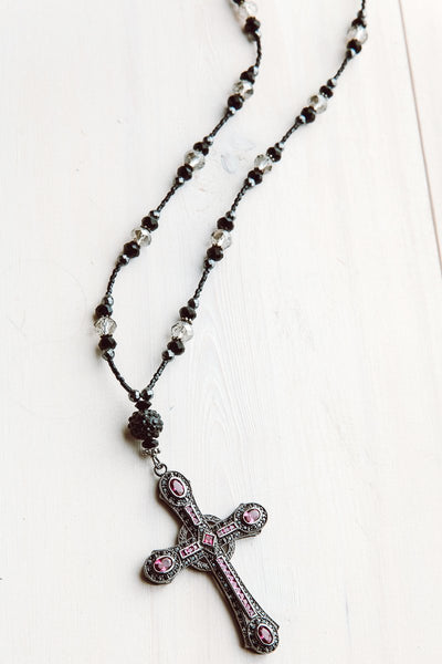 Art Deco Sterling Silver Black Cross with Pave Pink and Black Stones on Necklace Made of Crystal Beads