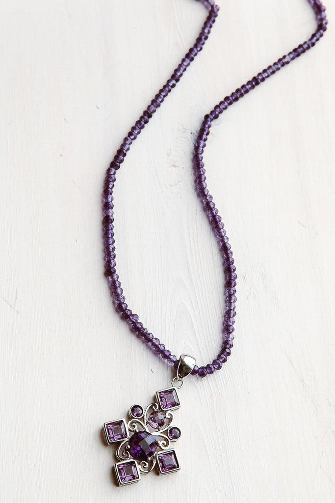 Sterling Silver Amethyst Cross Pendant on Amethyst Faceted Beaded Necklace