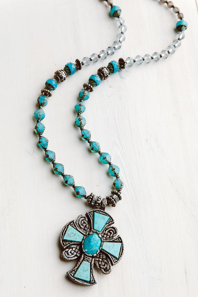 Vintage Collectible Irish "Miracle" Cross Pendant on Hand Strung Czech Glass Bead Necklace