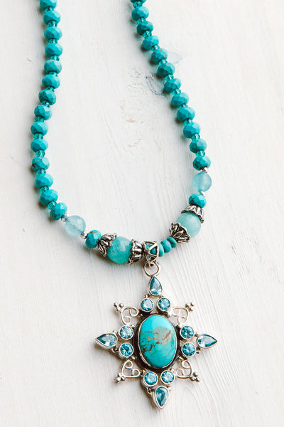Sterling Silver Cross Starburst Turquoise and Blue Topaz on Turquoise Beaded Necklace