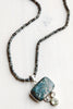 Sterling Silver Moss Agate and Green Amethyst Pendant on Faceted Larvikite Beaded Necklace