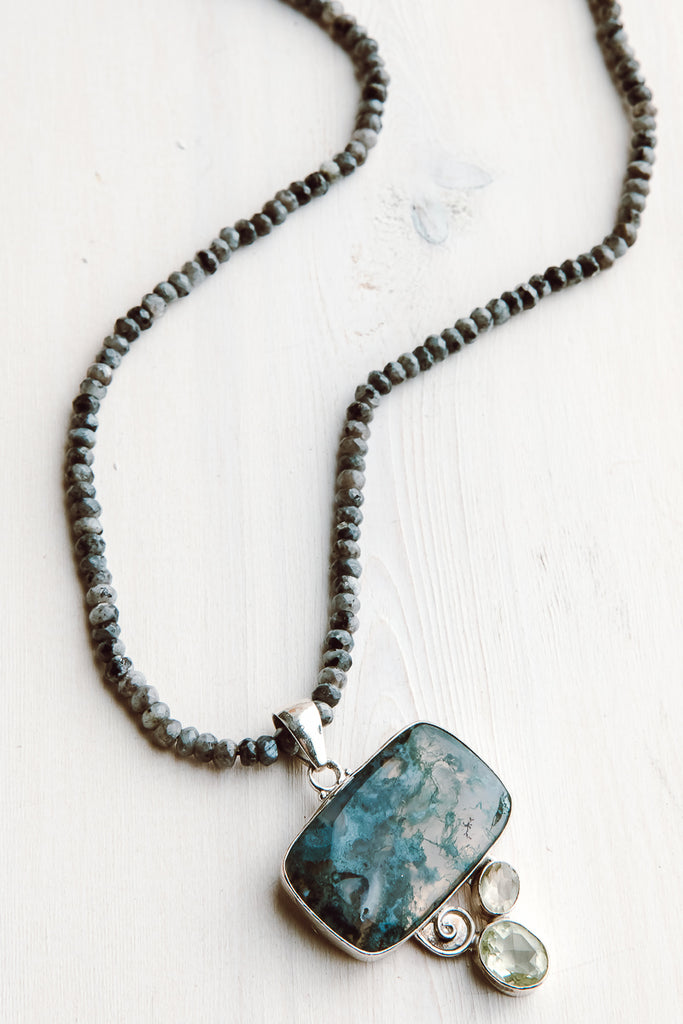 Sterling Silver Moss Agate and Green Amethyst Pendant on Faceted Larvikite Beaded Necklace