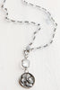 Rosary Chain White Chalcedony Short Necklace with Pavé Clasp and Crystal & Ancient Coin