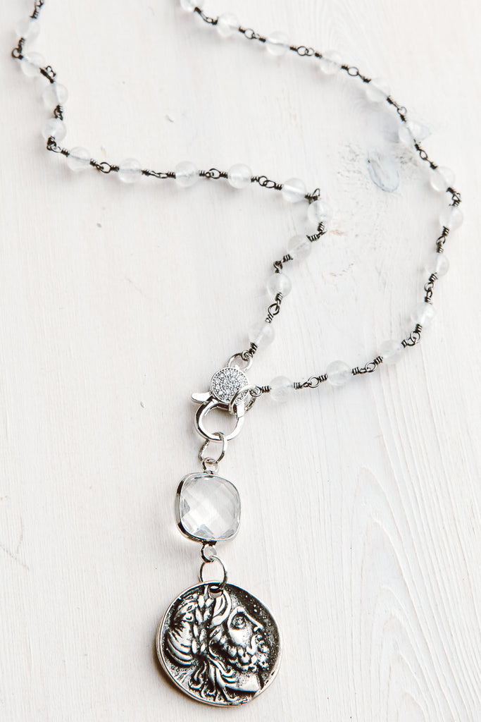 Rosary Chain White Chalcedony Short Necklace with Pavé Clasp and Crystal & Ancient Coin