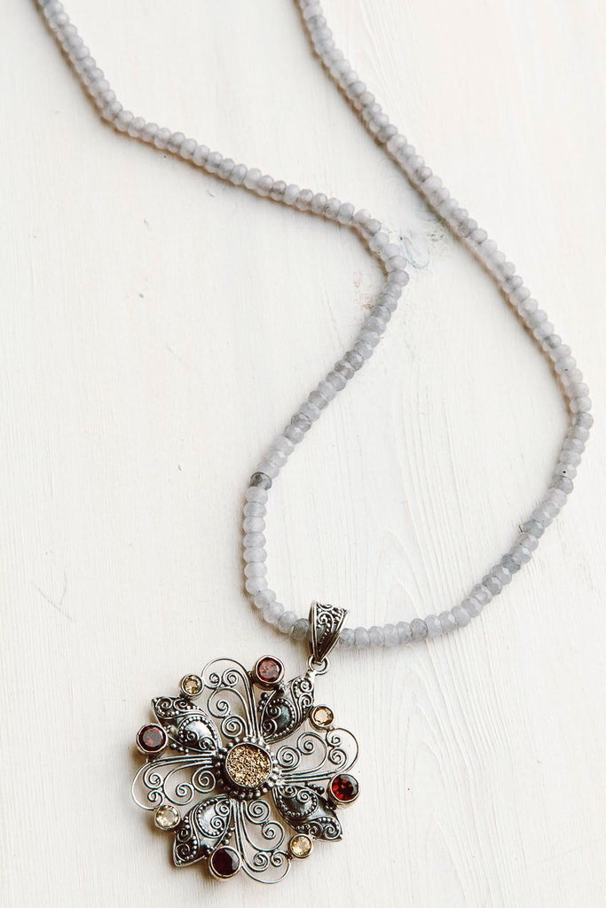 Red Garnet and Yellow Citrine Sterling Silver Cross Floral Pendant on Gray Jade Beaded Short Necklace