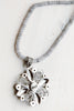 Red Garnet and Yellow Citrine Sterling Silver Cross Floral Pendant on Gray Jade Beaded Short Necklace