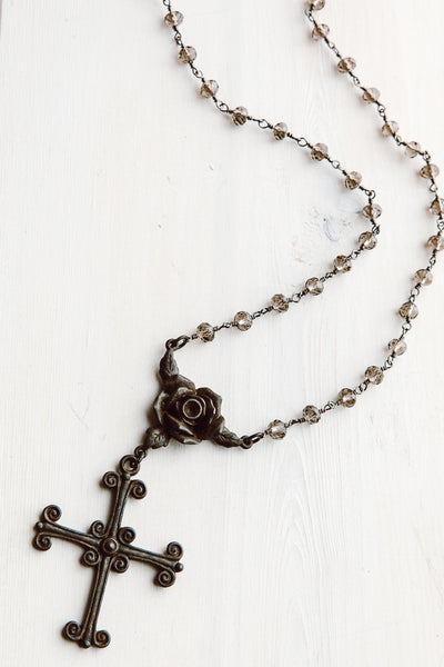 Dark Bronze Cross Pendant on Smoky Quartz and Gunmetal Rosary Chain
