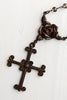 Dark Bronze Cross Pendant on Smoky Quartz and Gunmetal Rosary Chain