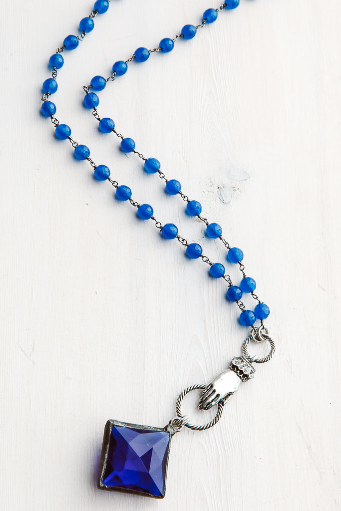 Cobalt Blue Soldered Pendant with Hand Drop on Cobalt Blue Quartz and Gunmetal Silver Rosary Chain Necklace