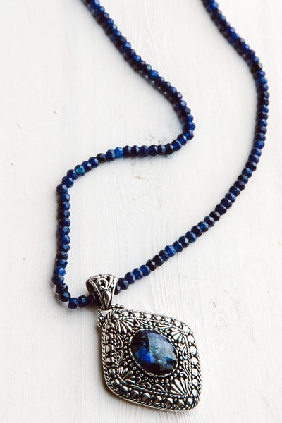 Bali Style Diamond Shaped Blue Quartz Filigree Pendant on Beaded Blue Jade Necklace