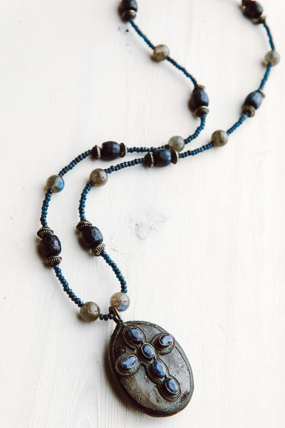 Blue Sapphire and Labradorite Hand Soldered Pendant on Sapphire and Labradorite Beaded Necklace