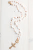 Lustrous Pink and White Large Freshwater Pearl Rosary Chain with Matte Gold Bail and Decorative Filigree Cross