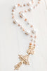 Lustrous Pink and White Large Freshwater Pearl Rosary Chain with Matte Gold Bail and Decorative Filigree Cross