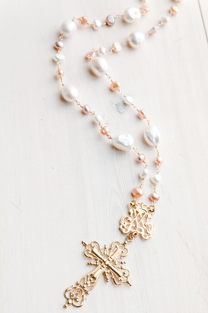 Lustrous Pink and White Large Freshwater Pearl Rosary Chain with Matte Gold Bail and Decorative Filigree Cross