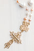 Lustrous Pink and White Large Freshwater Pearl Rosary Chain with Matte Gold Bail and Decorative Filigree Cross