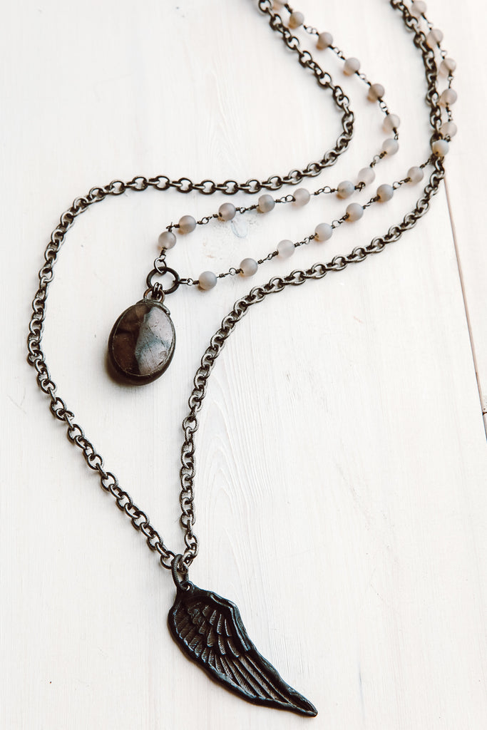 Double Necklace with Quartz Cross Stone and Soldered Angel Wing