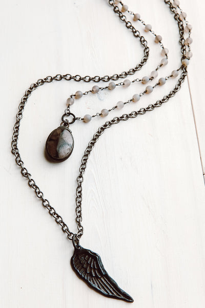 Double Necklace with Quartz Cross Stone and Soldered Angel Wing