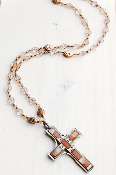 Vintage Reversible Designer "Miracle" Cross from Ireland on Faceted Antique Czech Glass Beaded Necklace