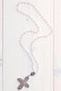 Victorian Rose Pink Crystal Cross with Rose Quartz Gem and Sterling Silver Rosary Chain Necklace