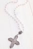 Victorian Rose Pink Crystal Cross with Rose Quartz Gem and Sterling Silver Rosary Chain Necklace