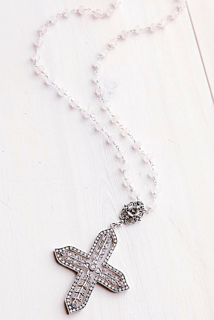 Victorian Rose Pink Crystal Cross with Rose Quartz Gem and Sterling Silver Rosary Chain Necklace