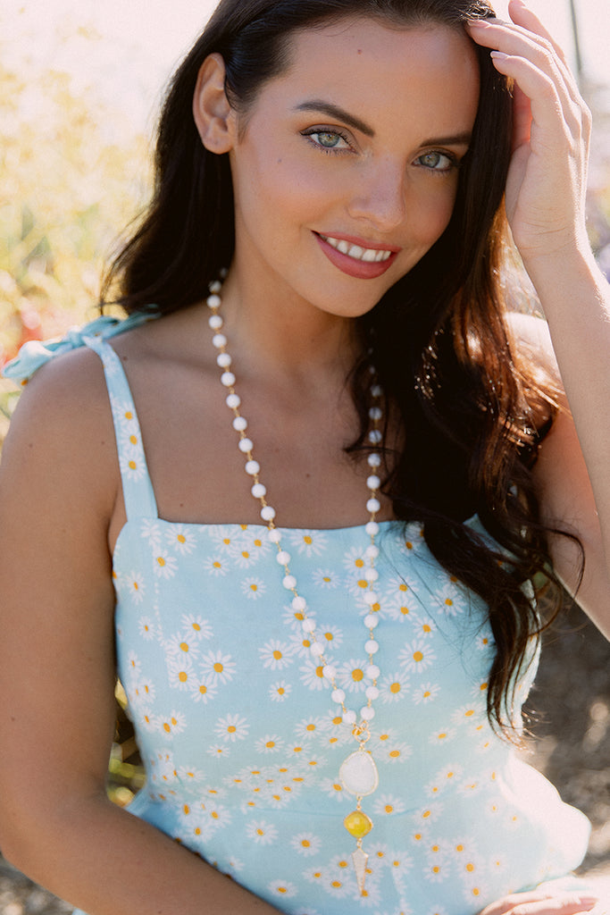 White Agate Rosary Chain Necklace with Yellow Crystal Accent
