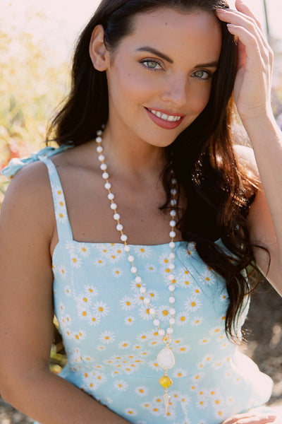 White Agate Rosary Chain Necklace with Yellow Crystal Accent