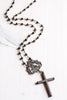 Gunmetal Pavé Cross Pendant Necklace with Hematite Sterling Silver Rosary Chain