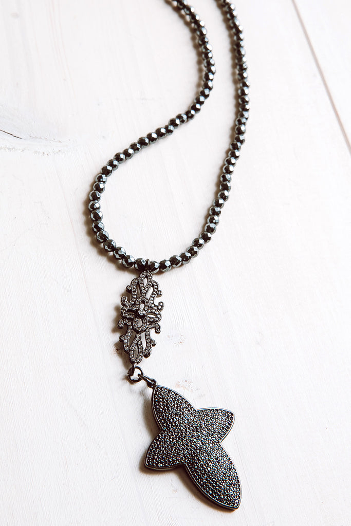 Pavé Black Crystal Cross Pendant Pyrite Faceted Bead Necklace