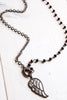 Angel Wing Crystal Silver Pendant Necklace with Gunmetal and Black Rosary Bead Chain