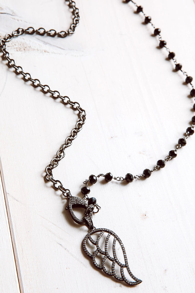 Angel Wing Crystal Silver Pendant Necklace with Gunmetal and Black Rosary Bead Chain