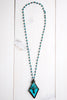 Hand-Soldered Blue Glass Diamond Pendant Necklace with Rosary Bead Chain