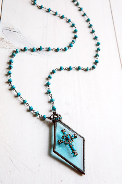 Hand-Soldered Blue Glass Diamond Pendant Necklace with Rosary Bead Chain