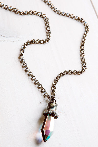 Faceted Crystal Iridescent Hand Soldered Pendant Necklace with Silver Chain