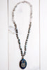 Blue Agate Art Nouveau Custom Pendant on Necklace of Peacock Coin Pearls and Quartz Beads