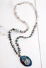 Blue Agate Art Nouveau Custom Pendant on Necklace of Peacock Coin Pearls and Quartz Beads