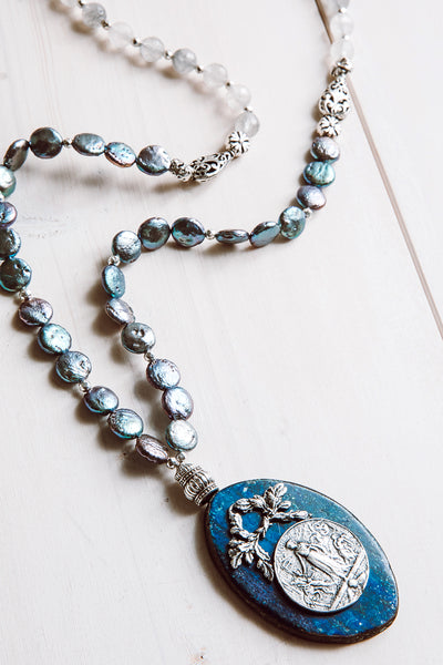 Blue Agate Art Nouveau Custom Pendant on Necklace of Peacock Coin Pearls and Quartz Beads