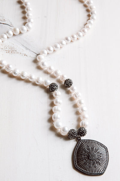 Black Pavé Starburst Pendant on White Freshwater Pearls Necklace