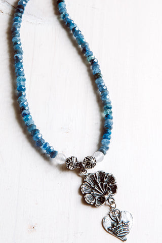 Heart & Crown Charm Necklace with Faceted Rare Blue Kyanite Gemstone Beads